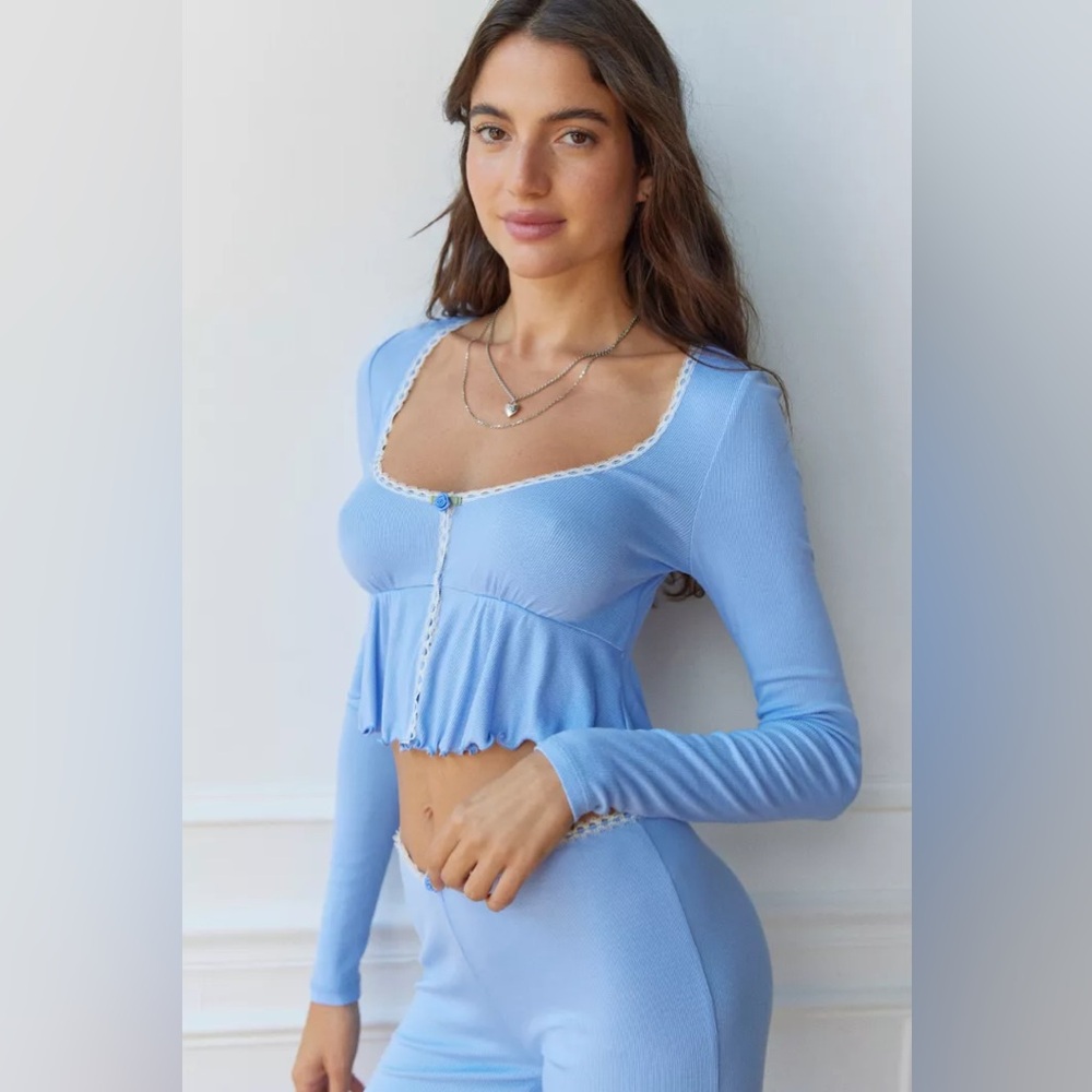 Out From Under Urban Outfitters Blue Long Sleeve Crop Top BabyDoll Scoop Neck